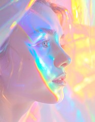 Holographic Portrait of a Woman with Rainbow Lighting