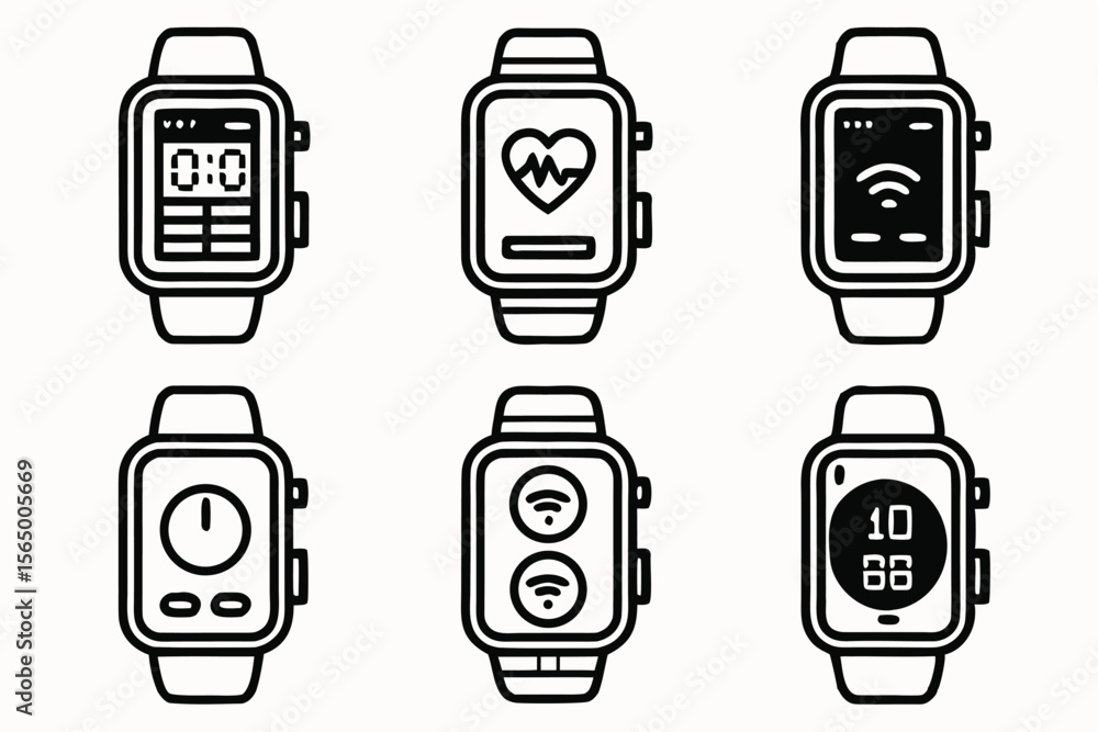 Poster set of six modern smartwatch icons with various digital displays and functions