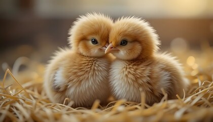 Two chicks cuddling together in warm hay, soft focus background