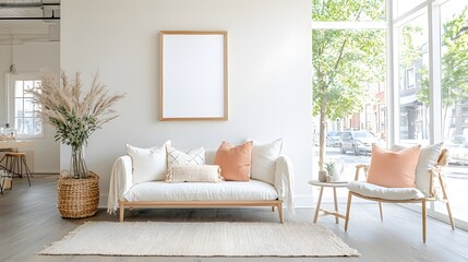 Fototapeta premium a living room with a white couch and a white rug