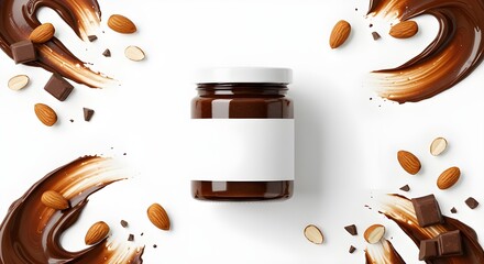 Minimal mockup of a clear jar filled with chocolate jam on white background, surrounded by melted chocolate swirls, scattered nuts, and a golden spoon for elegant food styling.