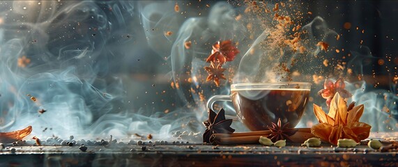 The smoke from aromatic tea or coffee with spices, the concept of an invigorating drink for strength and vigour for the day. Cardamom, cinnamon, star anise, anise, strong coffee, invigorating tea