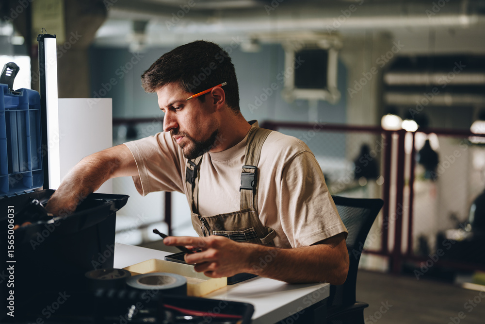 Poster craftsman working diligently at a table with tools in a modern workshop setting during daylight hour