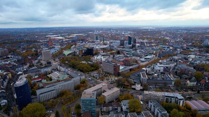Aerial view of the old town of the city Dortmund on a cloudy day in autumn in Germany.