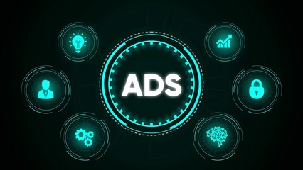 Digital advertising technologies and solutions illustrated with futuristic icons on dark background