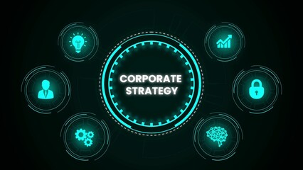 Conceptual corporate strategy illustration with icons representing key business concepts and ideas