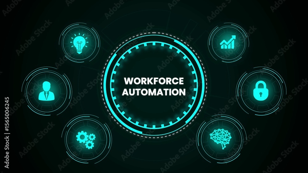 Poster workforce automation concept depicted with business technology icons on a futuristic circular interf