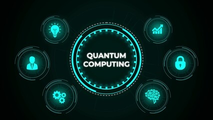 Quantum computing concept with futuristic circular design and associated icons