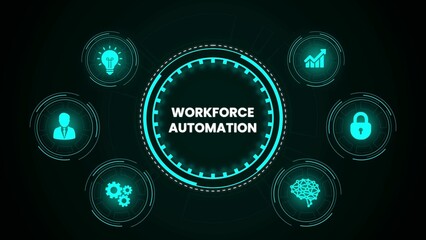 Workforce automation concept depicted with business technology icons on a futuristic circular interface