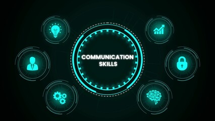 Conceptual illustration showcasing essential communication skills with associated icons on dark background