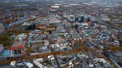 Aerial view of the old town of the city Dortmund on a cloudy day in autumn in Germany.