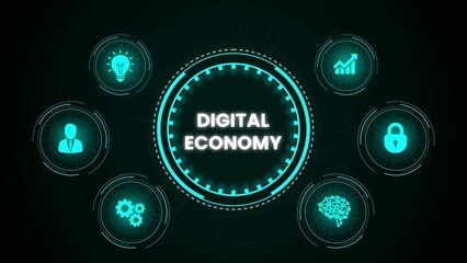 Digital economy infographic showing growth innovation security and global business concepts