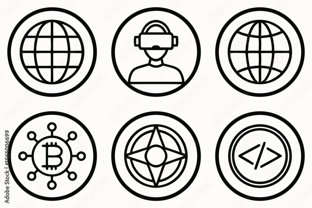 Poster collection of modern technology and digital currency icons in a circular format
