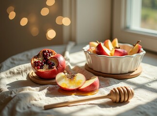 Festive apple and pomegranate arrangement with honey on sunlit table
