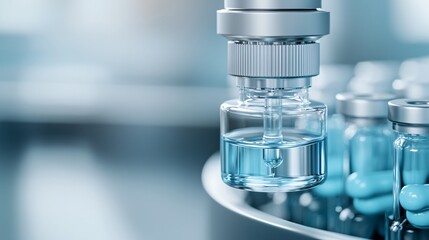 An automated pharmaceutical manufacturing facility, showcasing highly sterilized production lines and precise robotic mechanisms, emphasizing safety and purity in drug synthesis