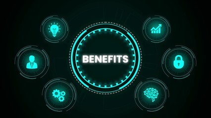 Modern infographic illustrating various business benefits with neon icons and circular design