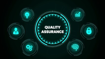 Digital quality assurance concept with icons illustrating various aspects of the process