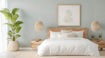 a bedroom with a bed and a plant in the corner of