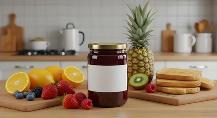 still life with vegetables, Mockup of assorted jam jars in a cozy kitchen scene, surrounded by fresh fruits and toast under warm overhead lighting, evoking a relaxed morning breakfast atmosphere
