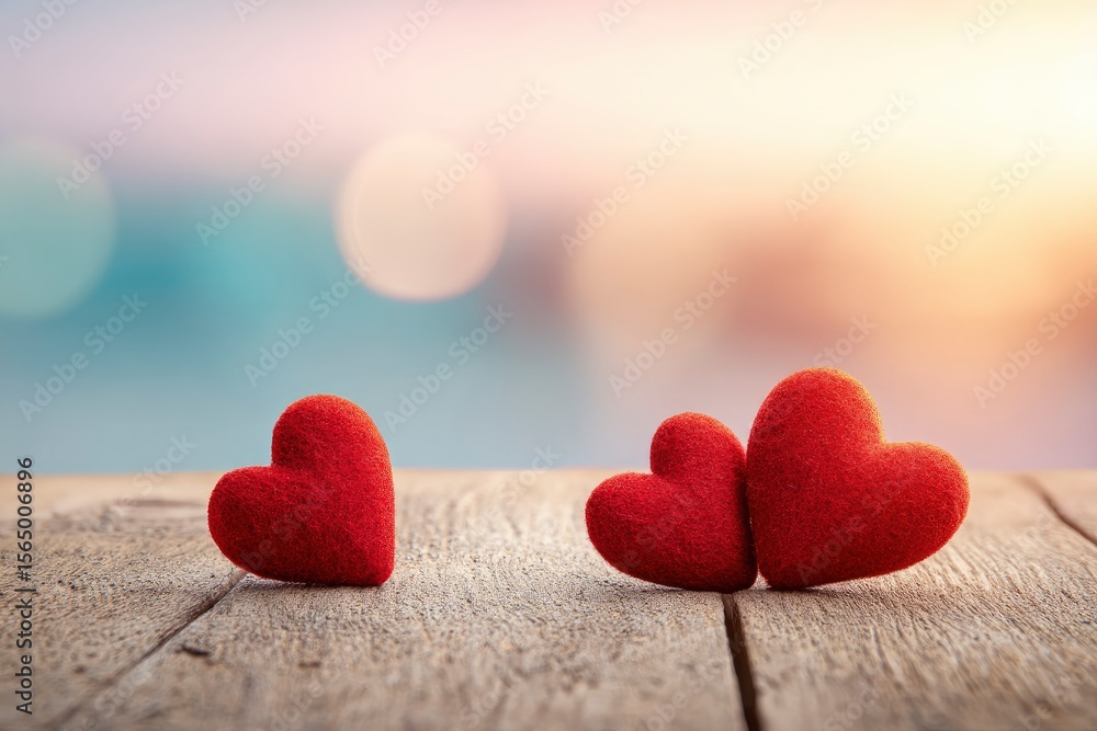 Poster three red furry heartshaped objects rest on a wooden surface with a soft blurred background of light