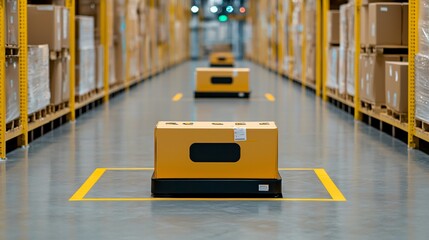 Automated robotic vehicles transporting raw materials and finished products within the confines of a large chemical factory, showcasing efficiency and safety in logistics