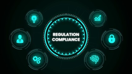 Regulation compliance concept with data icons and futuristic digital abstract design on black background