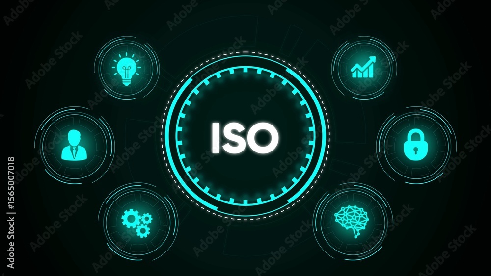 Poster conceptual visualization of iso certification featuring associated key indicators for business succe