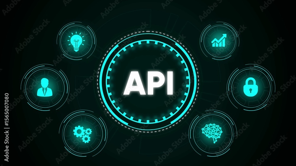 Poster abstract api concept illustrated with neon circular interface and business icons