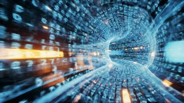 Futuristic digital data tunnel with flowing code and dynamic lights, cinematic - Powered by Adobe