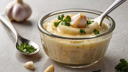 Garlic Sauce in a Glass Ramekin with Fresh Herbs and Ingredients