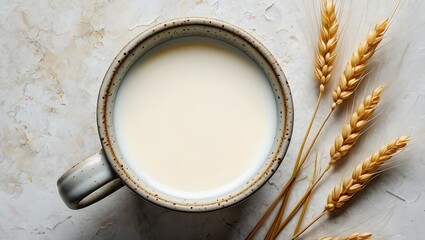Fototapeta premium Creamy oat milk in mug with wheat stalks, vegan dairy alternative, healthy breakfast drink