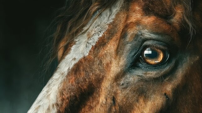 Close-up of a brown horse with striking eye detail in a dimly lit stable environment - Powered by Adobe