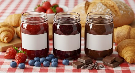 Three clear jars with white labels filled with strawberry, blueberry, and chocolate jam, surrounded by ingredients and bread on a checkered picnic cloth, top view