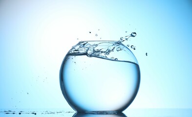 Glass aquarium with water on light blue background