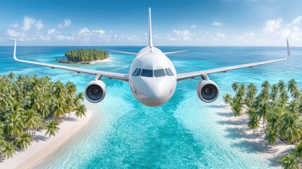 Airplane flying over tropical island beach