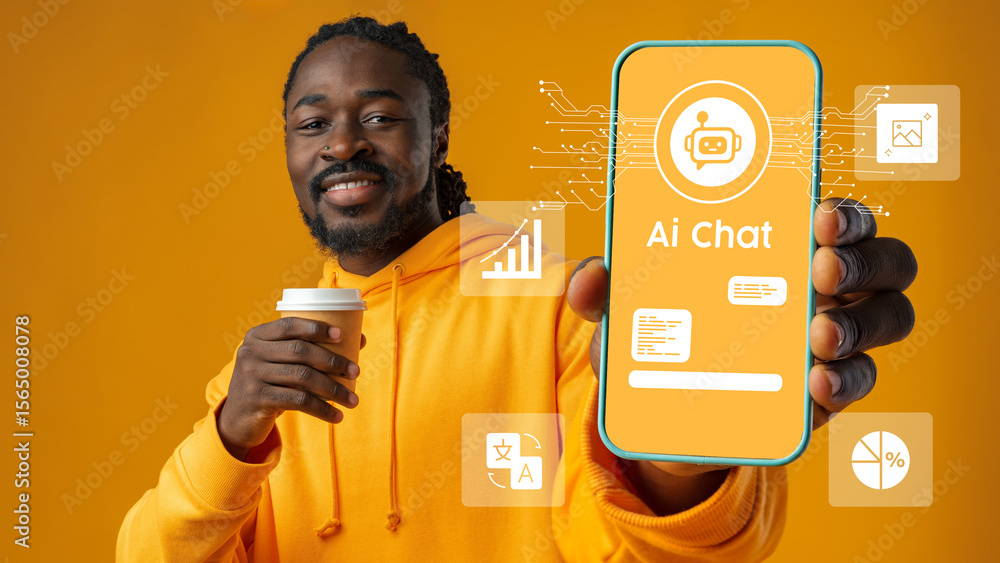 Poster smiling man showcasing ai chat application on smartphone while holding coffee in bright studio setti