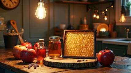 Cozy kitchen with honeycomb, apples, and warm lighting