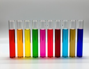 the image displays a collection of colorful liquid samples housed in test tubes, each set against a white background that appears to be a laboratory table or counter