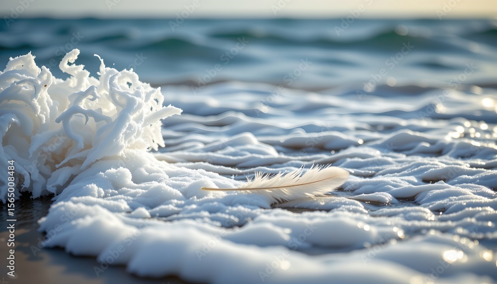 Poster the image depicts a single white feather resting on the surface of ocean foam with waves rolling in 