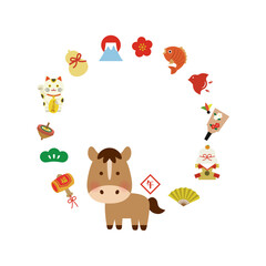 2026年 午年 縁起物の円形フレームイラスト