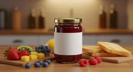 homemade strawberry jam, Mockup of assorted jam jars in a cozy kitchen scene, surrounded by fresh fruits and toast under warm overhead lighting, evoking a relaxed morning breakfast atmosphere
