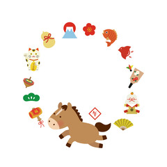 2026年 午年 縁起物の円形フレームイラスト