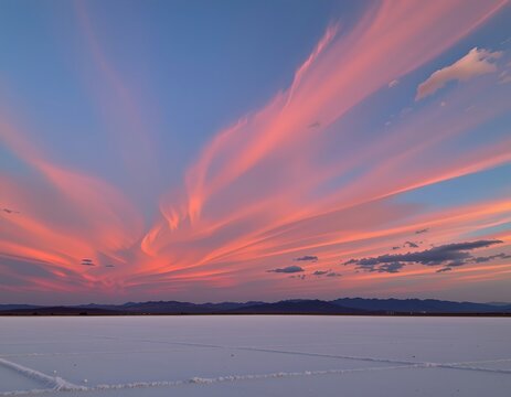 the image shows a tranquil sunset or sunrise scene with pastel colors, a sky filled with pink hues is seen fading into soft orange near the horizon, above this colorful sky