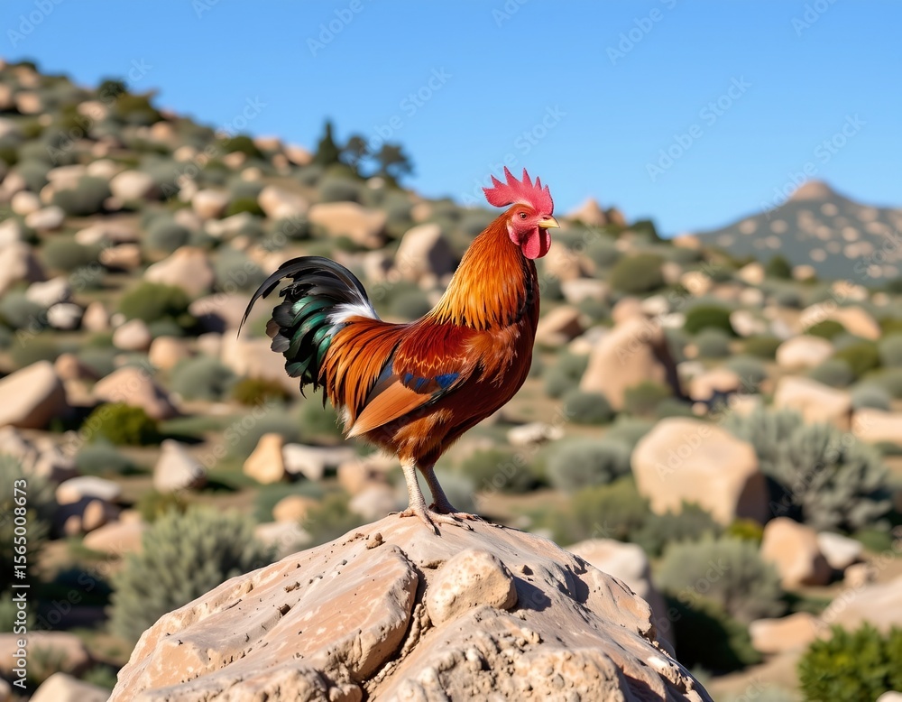 Poster the image features a rooster perched on what appears to be a rocky outcrop with a rugged terrain in 