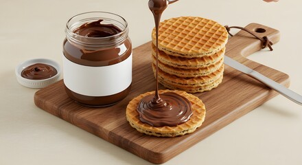 Chocolate spread jar with blank label, waffles on plate and knife on wooden board. Perfect for food ads, packaging mockups, branding, or breakfast concepts