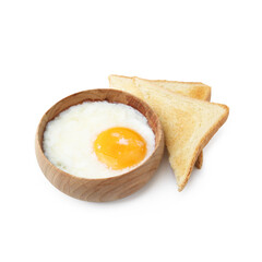 Half-boiled egg in bowl and toasted bread isolated on white. Traditional asian breakfast