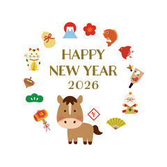 2026年 午年 縁起物の円形フレームイラスト HAPPY NEW YEAR