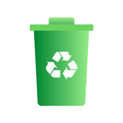 Green recycling bin icon with white recycle symbol on white background, eco-friendly waste container illustration, environmental conservation concept 
