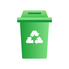 Green recycling bin icon with white recycle symbol on white background, eco-friendly waste container illustration, environmental conservation concept 
