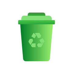 Green recycling bin icon with white recycle symbol on white background, eco-friendly waste container illustration, environmental conservation concept 
